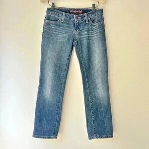 Y2K American Eagle Limited Blue Issue Cropped Jeans Women’s 2 Reg Pink Stitch